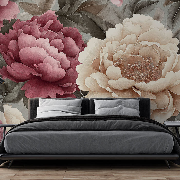 Papier peint floral | Pivoines sur fond gris