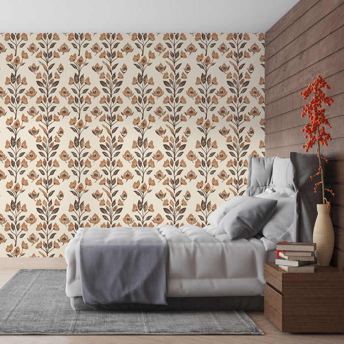 Une chambre apaisante avec un papier peint floral beige et marron, aux motifs de fleurs stylisées, créant une atmosphère chaleureuse et accueillante.