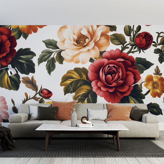 Papier peint floral | Riche motifs de roses colorées