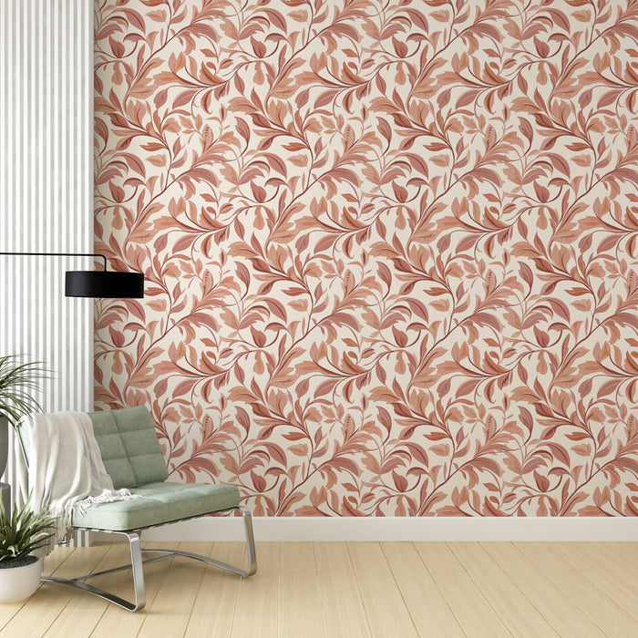 Une pièce moderne avec un papier peint floral aux teintes chaudes de rose et beige, créant une atmosphère douce et accueillante.