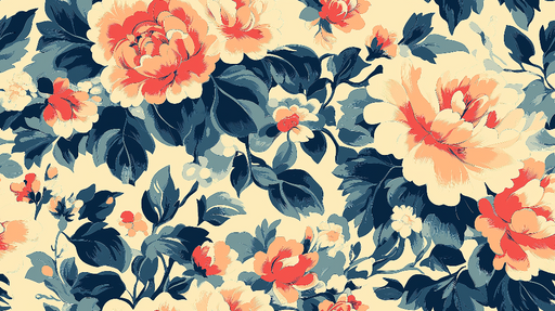 Papier peint floral Rose et bleu sur fond crème