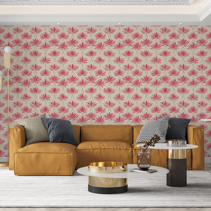 Un salon moderne avec un papier peint floral beige et rose aux motifs de feuilles stylisées, créant une atmosphère vivante et accueillante.
