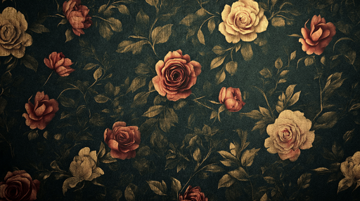 Papier peint floral Roses dorées et rouges sur fond foncé