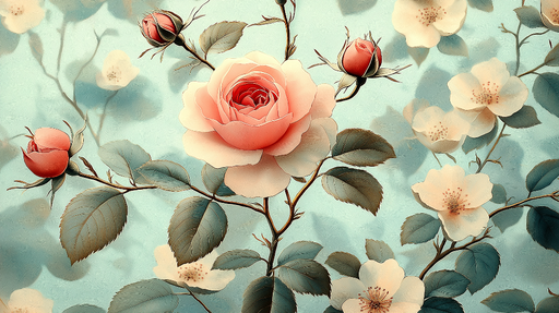 Papier peint floral Roses et fleurs blanches sur fond pastel