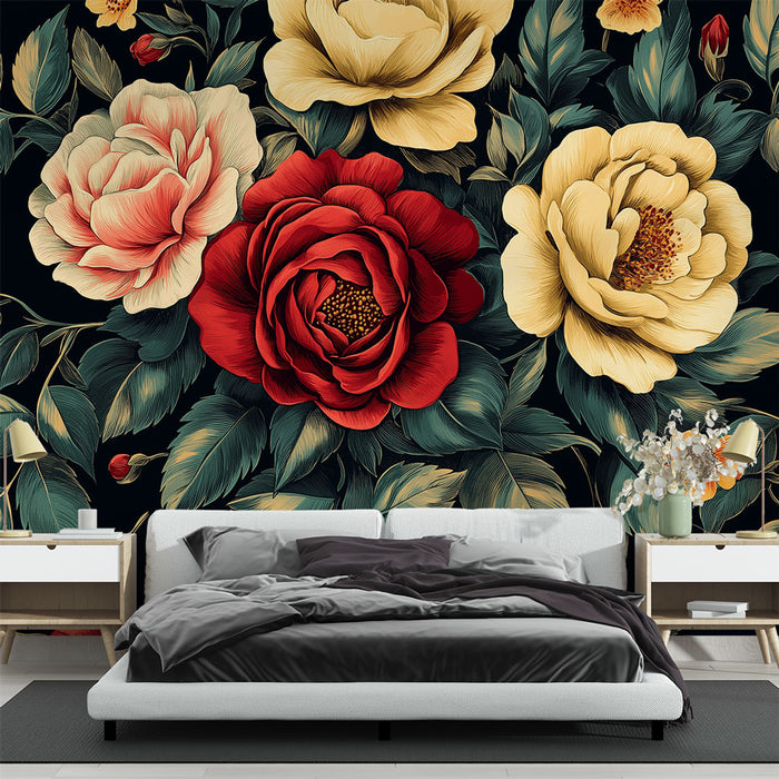 Papier peint floral | Roses et Fleurs Multicolores sur Fond Noir