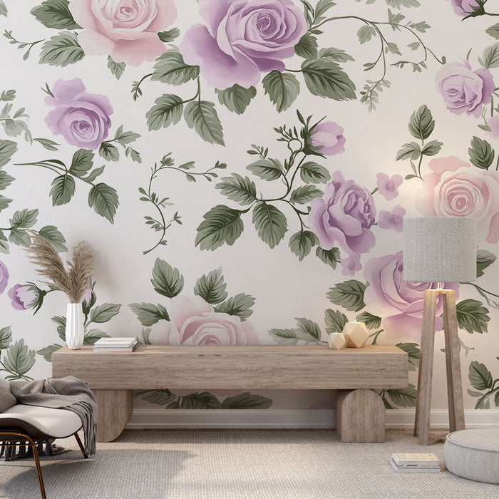 Papier peint floral | Roses Pastel sur Fond Blanc