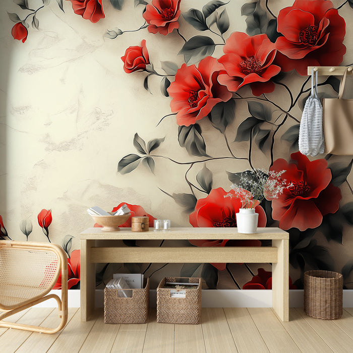 Papier peint floral | Roses rouges sur fond clair