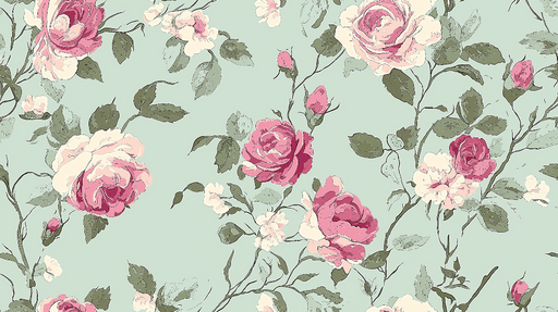 Papier peint floral Roses sur fond vert pâle