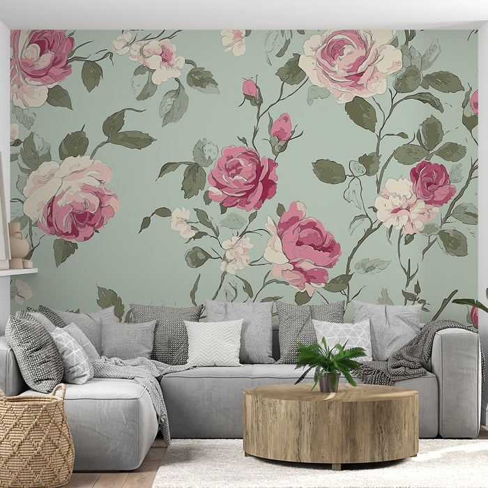 Papier peint floral | Roses sur fond vert pâle