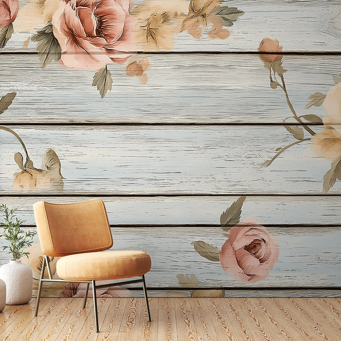 Papier peint floral | Roses sur un fond bois