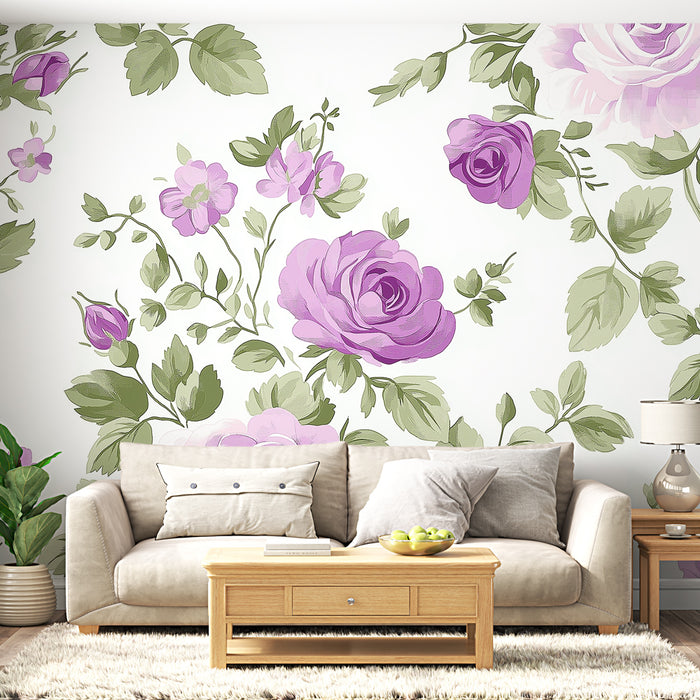 Papier peint floral | Roses Violettes sur Fond Clair