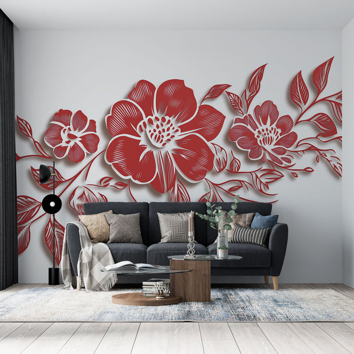 Papier peint floral rouge avec élégantes fleurs stylisées et feuillage détaillé pour salon moderne