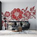 Papier peint floral rouge avec élégantes fleurs stylisées et feuillage détaillé pour salon moderne