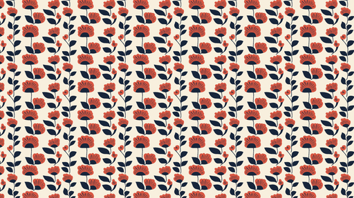 Papier peint floral rouge et bleu Motif de fleurs stylisées sur fond crème