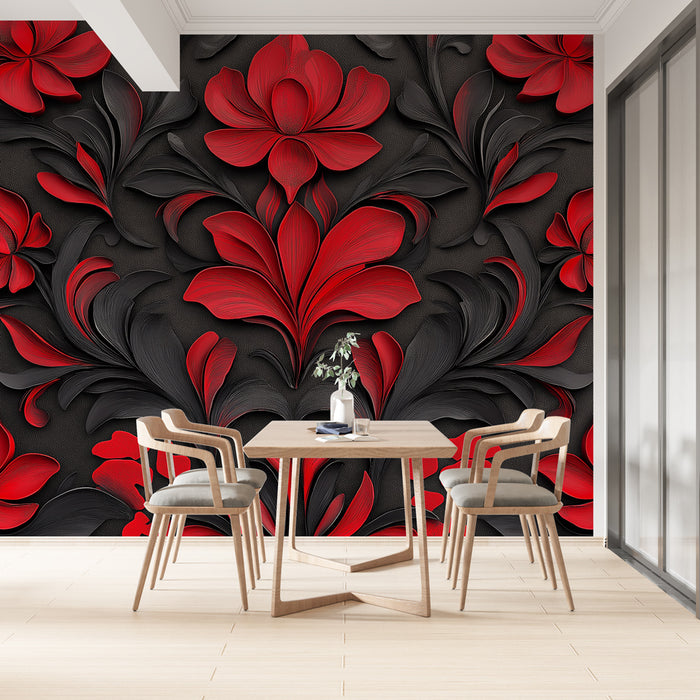 Papier peint floral | Rouge et Noir Élégnant