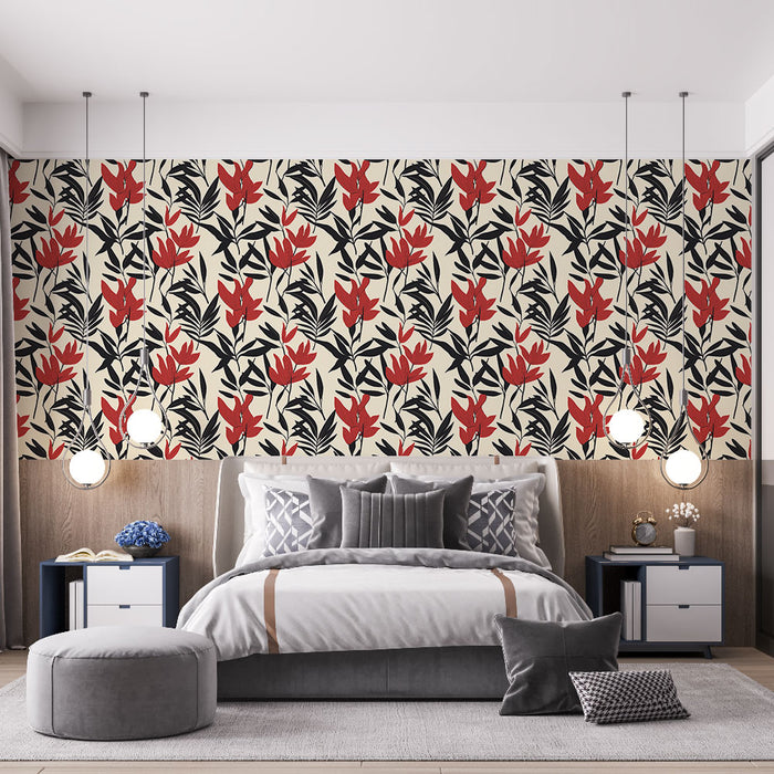 Une chambre moderne avec un papier peint floral aux motifs rouges et noirs sur fond crème, créant une ambiance dynamique et chaleureuse.