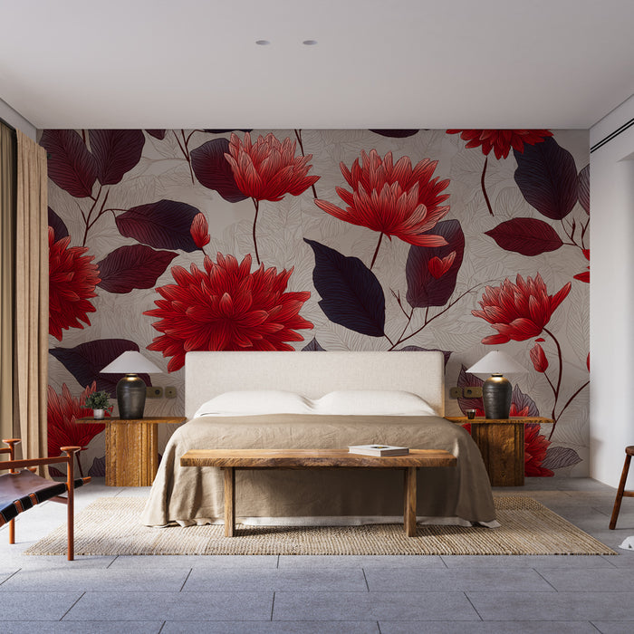 Une chambre élégante avec un papier peint floral aux grandes fleurs rouges et aux feuilles sombres, créant une atmosphère chaleureuse et accueillante.