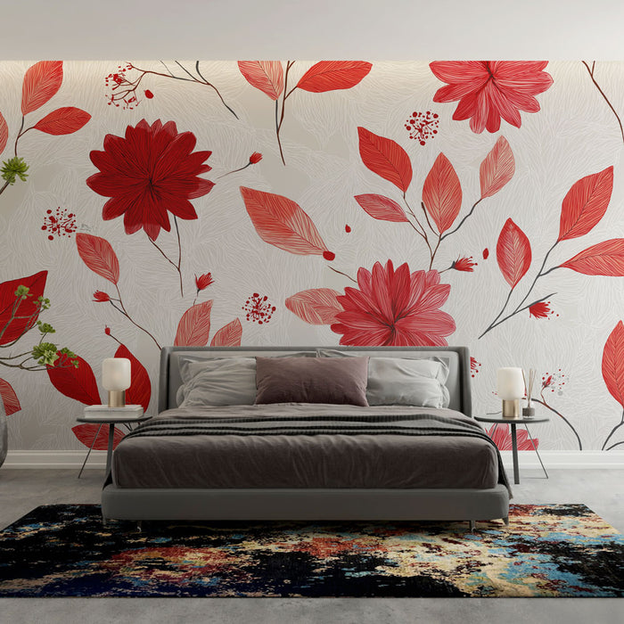 Une chambre moderne avec un papier peint floral aux motifs rouges et roses sur fond clair, créant une ambiance chaleureuse et accueillante.