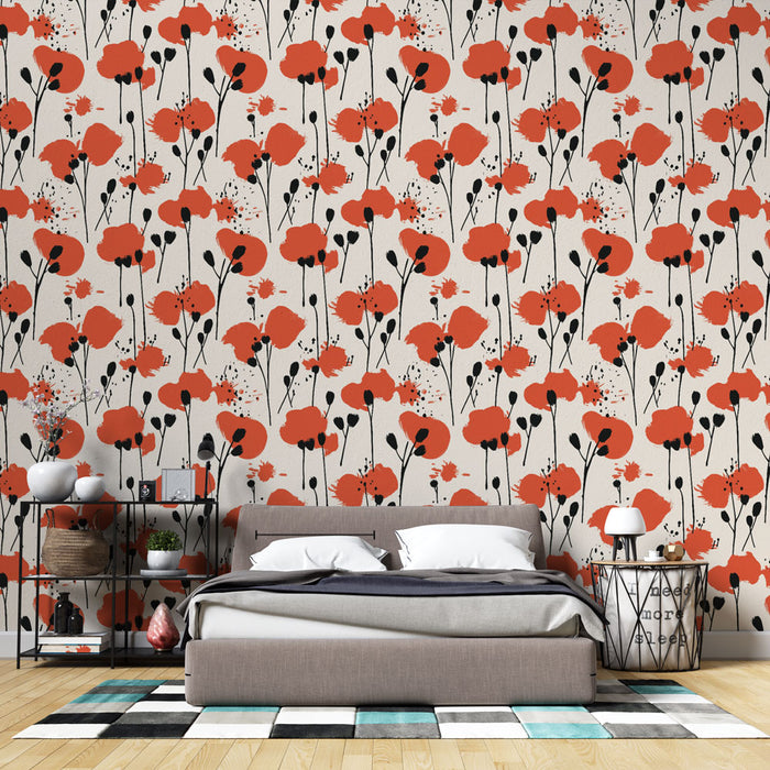 Une chambre moderne avec un papier peint floral aux motifs rouges et noirs sur fond beige, créant une ambiance chaleureuse et dynamique.