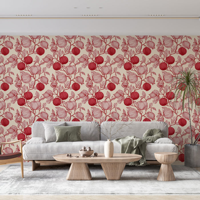 Un salon élégant avec un papier peint floral aux motifs rouges sur fond crème, créant une atmosphère chaleureuse et accueillante.