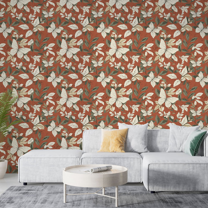 Un salon contemporain avec un papier peint floral aux motifs de papillons et de feuilles sur fond rouge terre, créant une ambiance chaleureuse et accueillante.