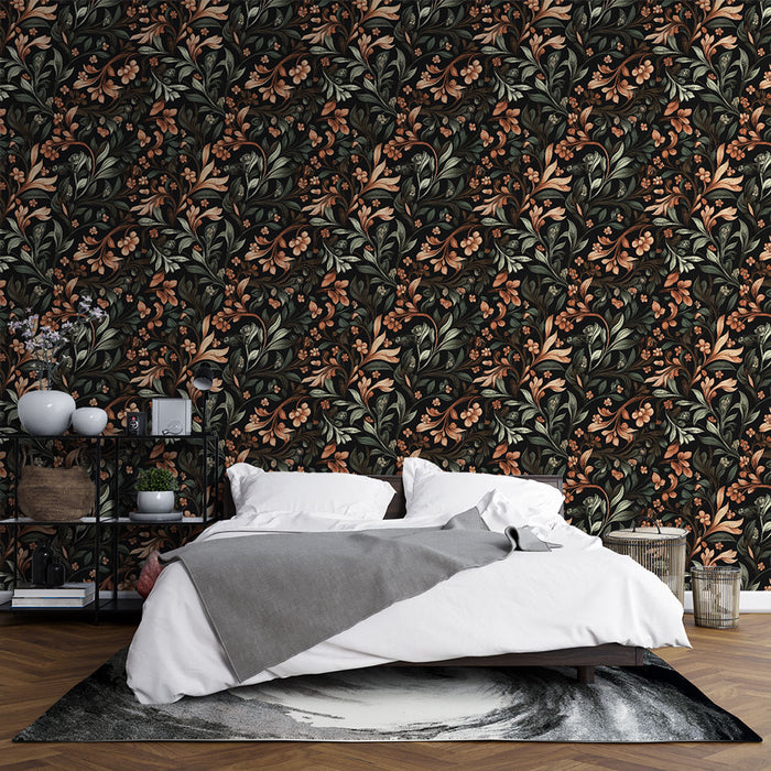Une chambre élégante avec un papier peint floral aux motifs luxuriants de feuilles et fleurs dans des teintes chaudes sur fond noir, créant une ambiance chaleureuse et accueillante.