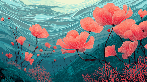 Papier peint floral sous-marin Fleurs rouges  sur fond aquatique