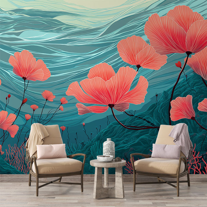Une salle de séjour moderne avec un papier peint floral aux grandes fleurs corail sur fond bleu-vert, créant une atmosphère apaisante et artistique.