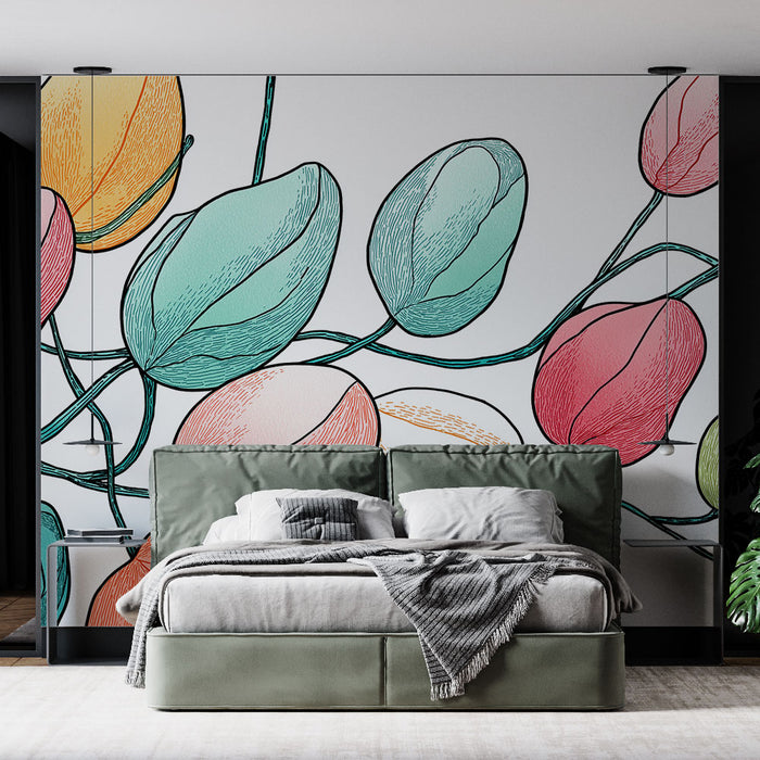 Une chambre moderne avec un papier peint floral aux motifs stylisés de feuilles et fleurs colorées, créant une ambiance fraîche et artistique.