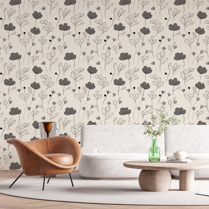 Un salon moderne avec un papier peint floral beige et noir, aux motifs délicats de fleurs stylisées, créant une ambiance douce et élégante.