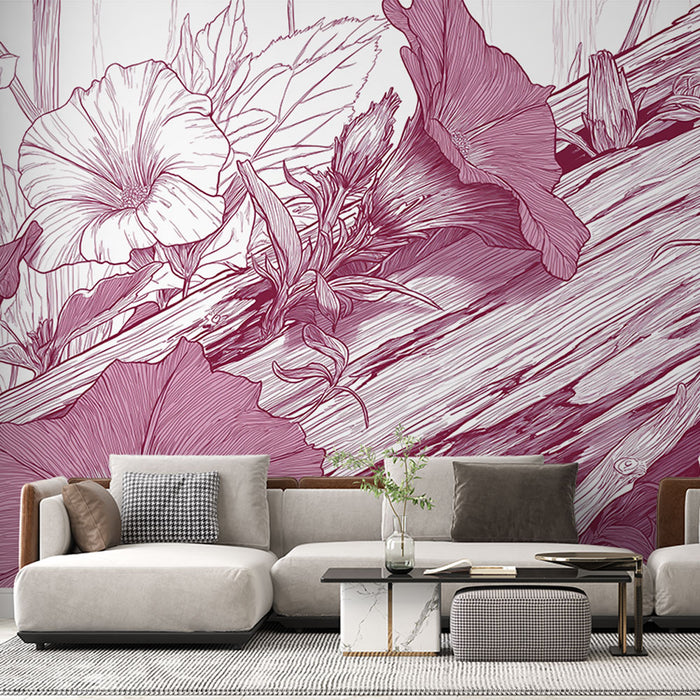 Un salon moderne avec un papier peint floral aux teintes bordeaux et blanches, évoquant une ambiance artistique et chaleureuse.