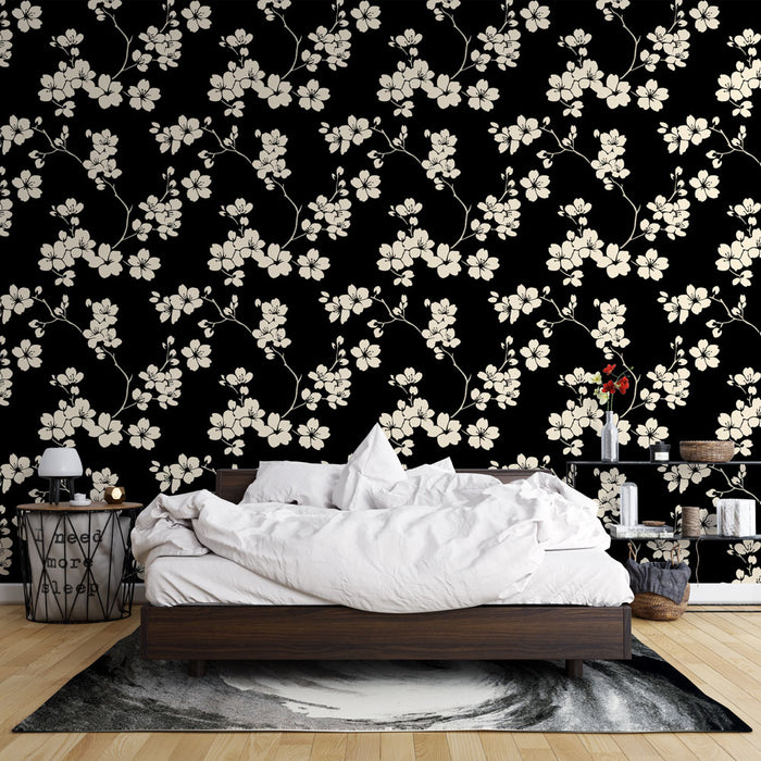 Une chambre moderne avec un papier peint floral noir et crème, aux motifs délicats de fleurs, créant une ambiance élégante et apaisante.