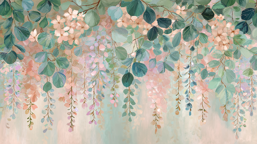 Papier peint floral suspendu Feuilles et fleurs délicates aux teintes pastel