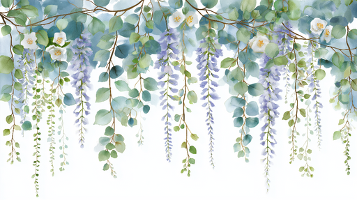 Papier peint floral suspendu Fleurs blanches et feuillage vert aux nuances apaisantes