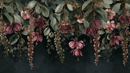 Papier peint floral suspendu Fleurs en nuances de rose et feuillage luxuriant sur fond sombre