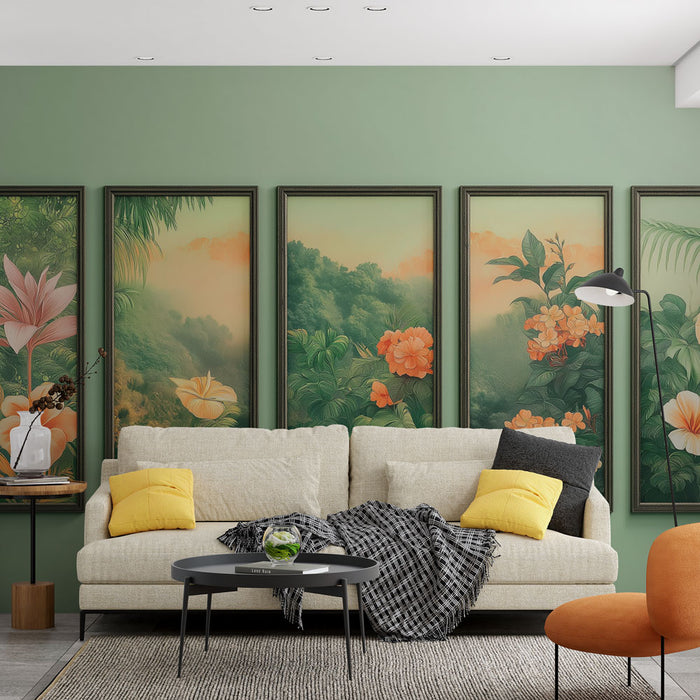 Un salon moderne avec un papier peint tropical représentant de grandes fleurs orangées et des feuillages luxuriants, créant une atmosphère chaleureuse et apaisante.