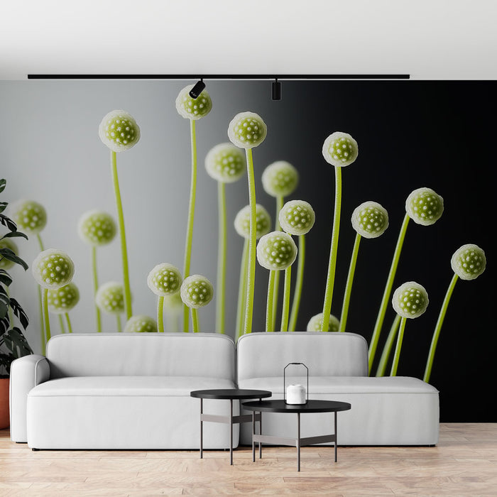 Papier peint floral avec tiges délicates et boules vertes élégantes pour salon moderne