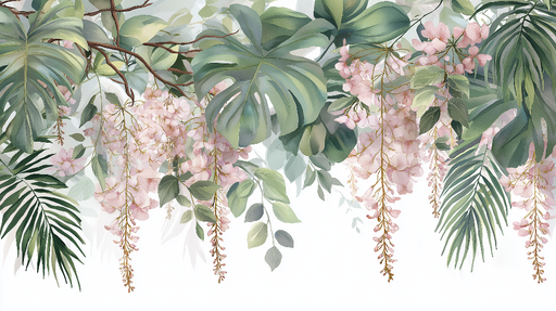 Papier peint floral tropical Feuilles vertes luxuriantes et fleurs délicates roses