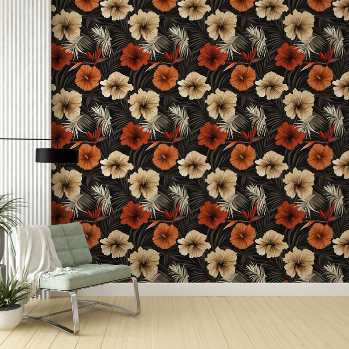 Un salon contemporain avec un papier peint tropical aux fleurs hibiscus orange et beige sur fond noir, créant une ambiance chaleureuse et vivante.