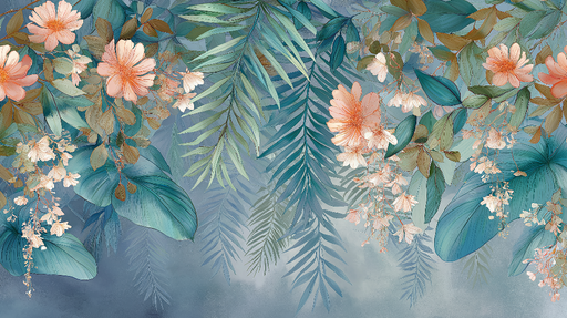 Papier peint floral tropical Fleurs pastel et feuillage luxuriant