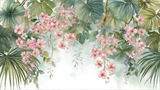 Papier peint floral tropical Fleurs roses délicates et feuillage luxuriant