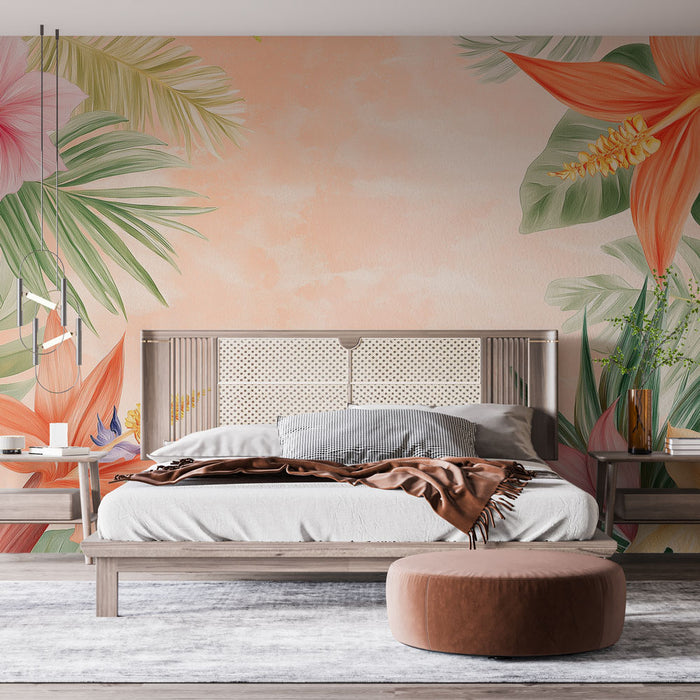 Papier peint floral tropical | Fleurs vibrantes et feuillage luxuriant sur fond doux