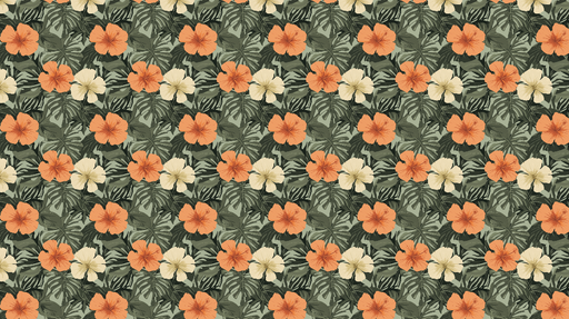 Papier peint floral tropical Hibiscus orange et crème sur fond verdoyant