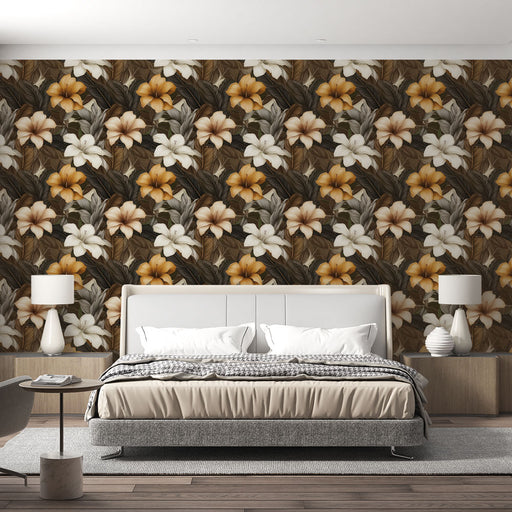 Une chambre moderne avec un papier peint floral aux motifs de fleurs blanches et jaunes sur fond brun, créant une atmosphère chaleureuse et accueillante.