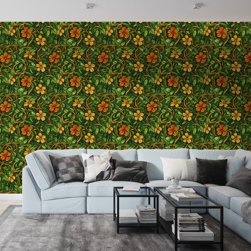 Un salon moderne avec un papier peint tropical aux motifs floraux orange et crème sur fond vert, créant une ambiance chaleureuse et vivante.