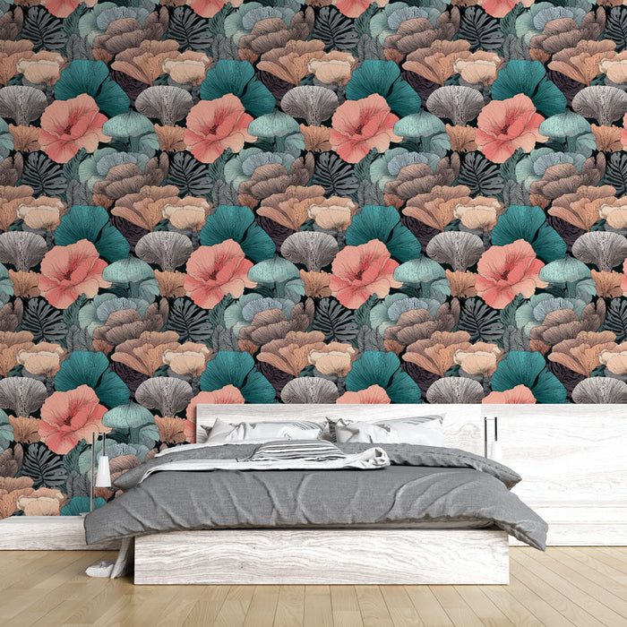 Une chambre moderne avec un papier peint floral aux teintes vives de rose, turquoise et beige, créant une ambiance tropicale et chaleureuse.