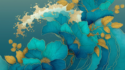 Papier peint floral turquoise Magnifiques fleurs turquoise et feuilles dorées