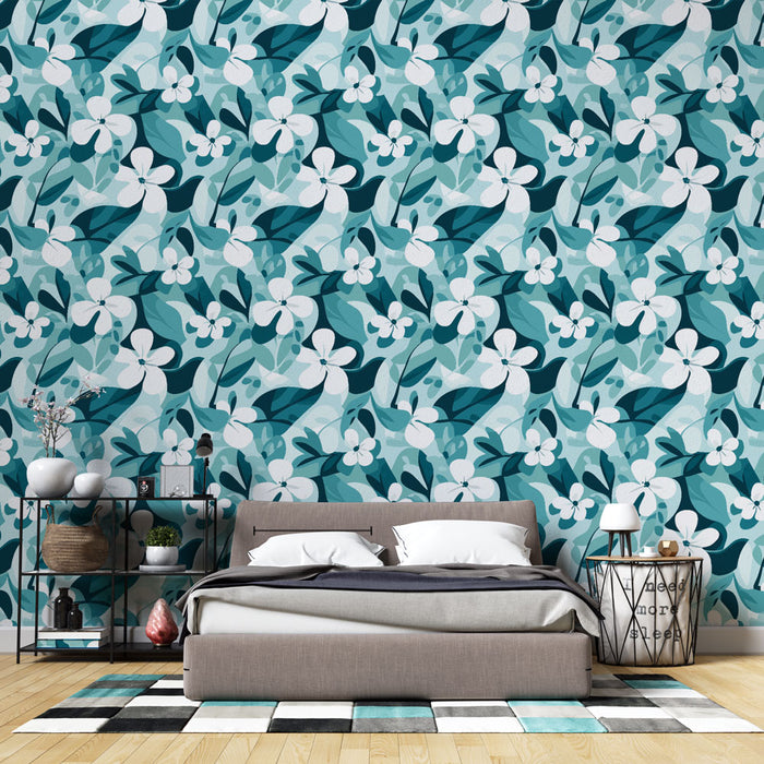 Une chambre moderne avec un papier peint floral aux nuances de bleu et vert, évoquant une ambiance fraîche et apaisante.