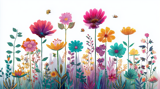 Papier peint floral Un champ coloré de fleurs délicates avec abeilles