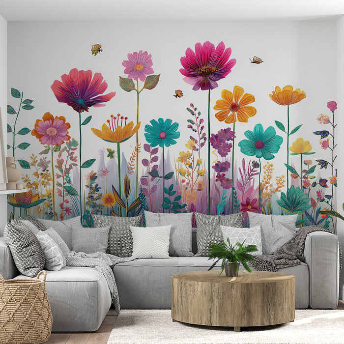 Un salon moderne avec un papier peint floral coloré représentant une variété de fleurs vibrantes sur fond clair, créant une ambiance joyeuse et accueillante.
